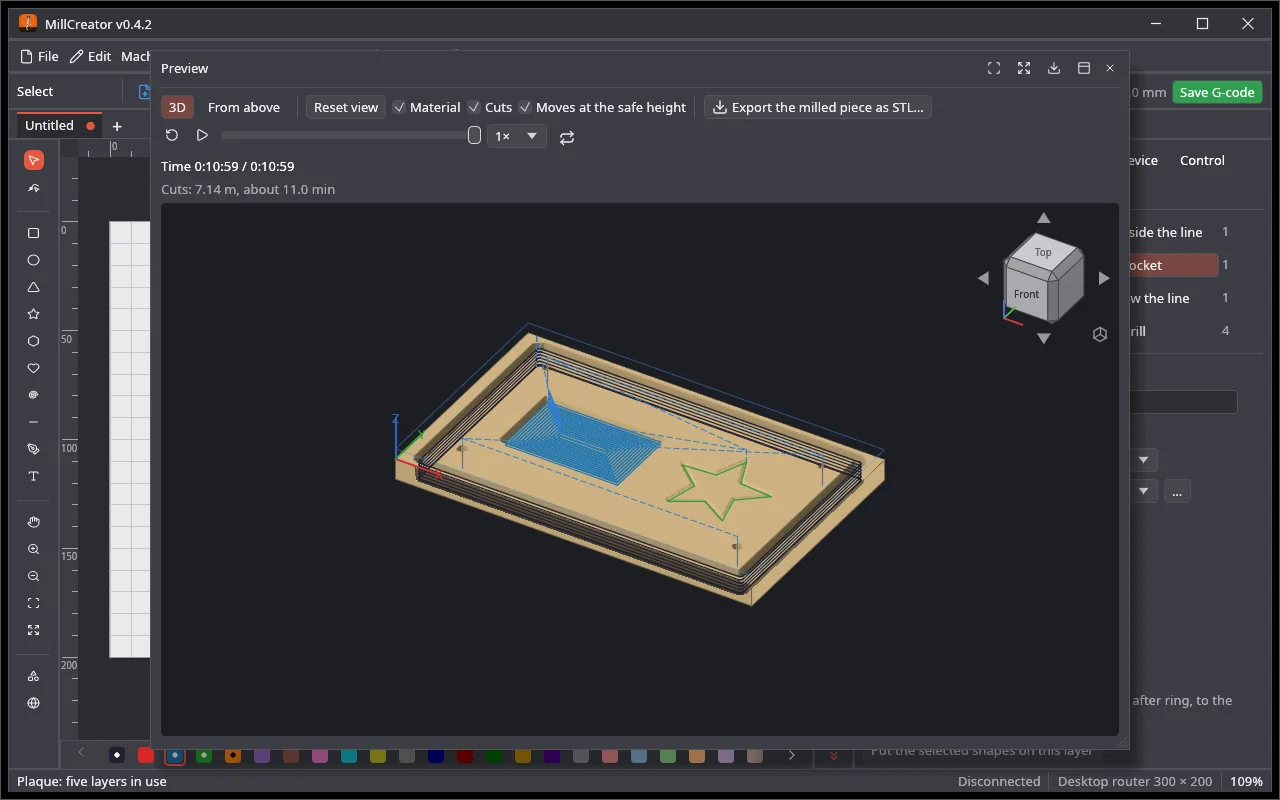 The 3D preview of the cuts
