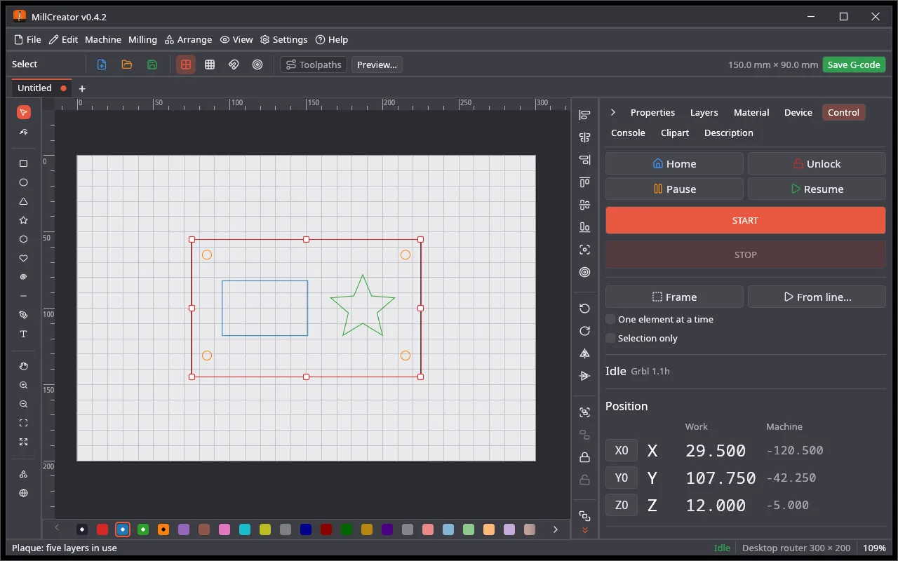 The Control tab: START / STOP, position, jogging